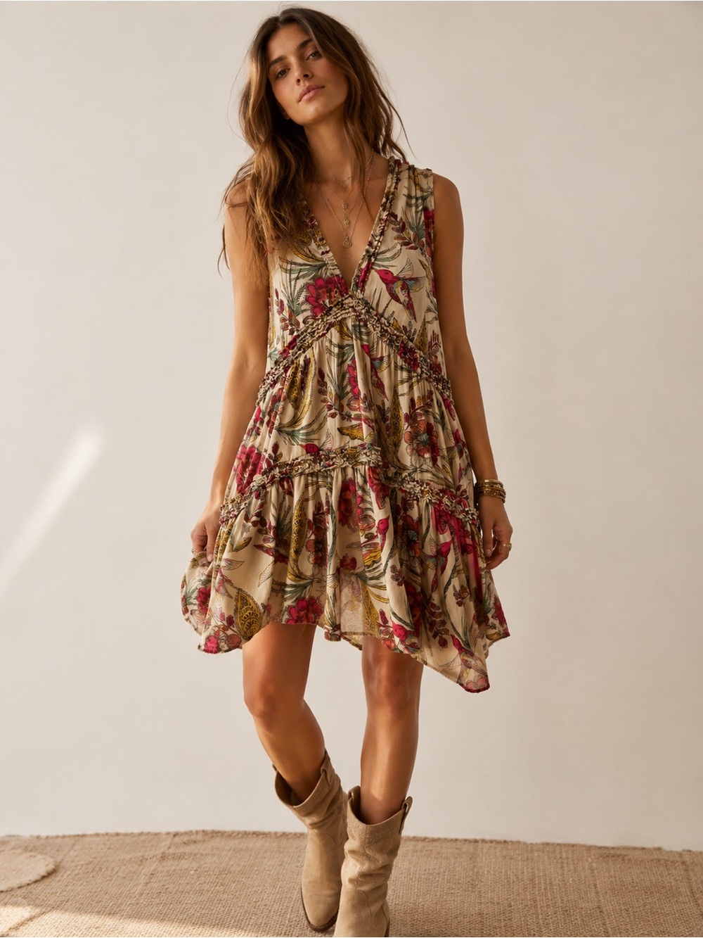 Free People Haze Bird Floral Boho Sleeveless Swing Mini Tunic Dress size Medium